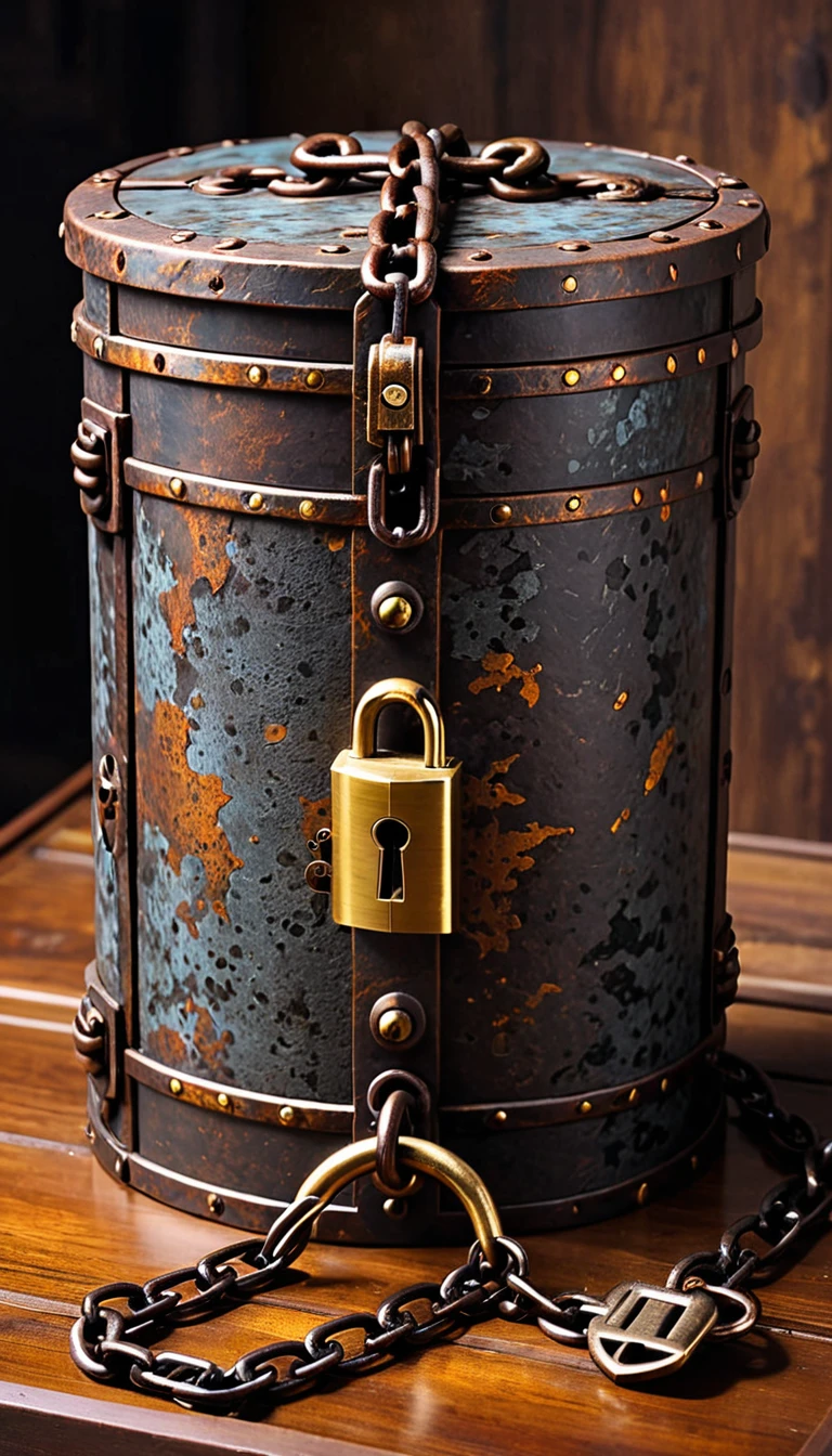 The treasure box is inlaid with a huge iron lock,The lock body is covered with mottled rust,Iron chain wrapped treasure box.locked firmly。
The appearance of the iron lock is strong and strong,There is still some dirt left on the lock.,It&#39;s as if this lock is guarding something precious。,Exudes a mysterious and ancient atmosphere。masterpiece, best quality, Ultra-high resolution, (Very detailed), (1 Fair Girl), (abstract:1.4),Green, visually stunning,( perfect anatomy )With gradient blur and fresh and bright light and shadow。Depth, The best shadow, Perfect light, high dynamic range, Realistic textures, Super detailed background wide angle shot
