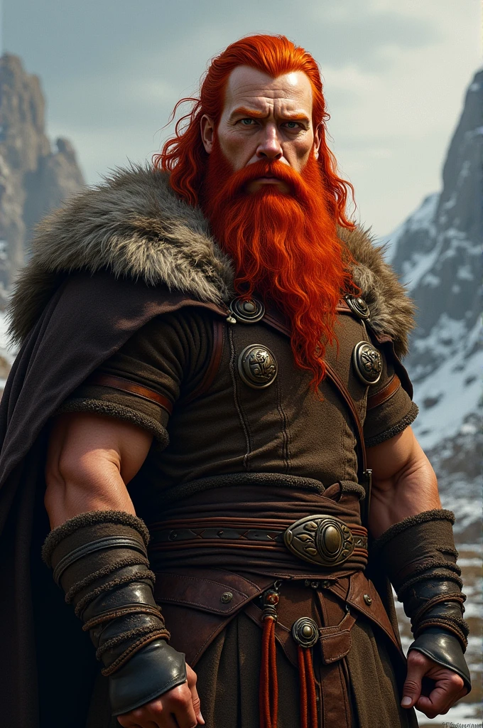 You can make an image with the following features Erik the Red is known for his reddish hair and beard, hence his nickname. He is generally represented with great height and a robust build., common features among Vikings. His appearance often reflects the strength and dominant character he had..