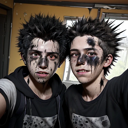 Two boys, covered in soot and with unkempt, spiky hair, taking a selfie after being caught in an explosion