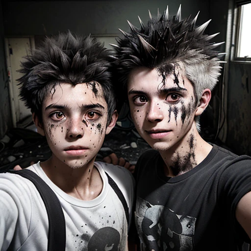 Two boys, covered in soot and with unkempt, spiky hair, taking a selfie after being caught in an explosion