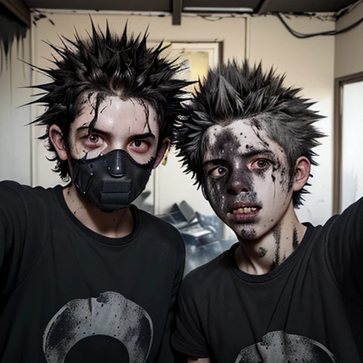 Two boys, covered in soot and with unkempt, spiky hair, taking a selfie after being caught in an explosion