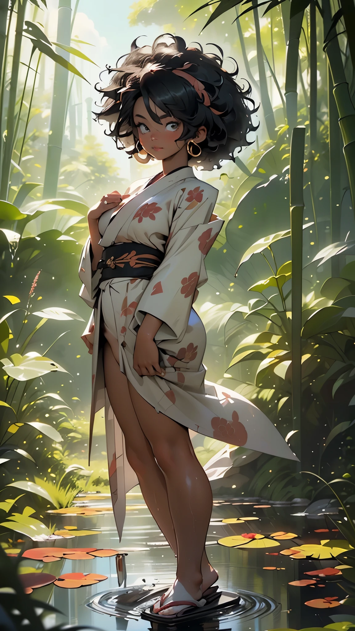 kimono girl(((1girl))),((cute and beautiful afro haired girl)),((((black race)))),
(large breasts:1.4),saggy breasts,((((black afro hair:1.35,((afro hair:1.35)),afrohair,afro:1.35,dark hair,black hair,)))),medium hair,((heterochromia:1.5, (yellow_eye and red_eye))),intricate eyes,beautiful detailed eyes,symmetrical eyes,((fat)),((((tan,dark skin,black skin:1.35,dark-skinned_female,dark skin:1.3,ebony skin,lustrous skin:1.5,bright skin: 1.5,shiny skin,very shiny skin,shiny body,illuminated skin)))),(spider lower abdomen,narrow waist,wide hip,athletic body,inflated legs, thick thighs),((detailed face)),
cute,slutty,sensual,seductive look,seductive,erotic,enchanting,((nsfw)),
(((kimono,half-naked kimono:1.5)),(((color palette limited to gold y black))),(((wet clothes))),an armored arm,((bare legs, bare foots, bare shoulders)),
(dynamic pose:1.0),solo focus,embarrassed,(centered,scale to fit dimensions,Rule of thirds),
outdoors,(waterfall,bamboo,river,bamboo forest,japanese temple,red lanterns burning,temple in the forest,mossy stairway in the temple,dilapidated temple,bamboo sanctuary,),scenery,extremely scenery,(puddles everywhere,moss,moss on the background),clouds,lily pads,(sunset, golden hour),
(Glossy japan ornaments),highres,sharp focus,(ultra detailed,extremely detailed),(photorealistic artwork:1.37),(extremely detailed CG unity 8k wallpaper),(((vibrant colors,vibrant theme))),(intricate),(masterpiece),(best quality),artistic photography,(photography taken by sldr),(intricate background),perfect rendered face,perfect face details,realistic face,photo realistic,((intricate detail)),(((realism))),