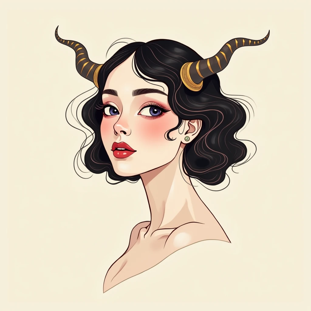 Minimalist Demon Woman Head in Art Nouveau Style Feminine Features: The head would clearly be that of a woman., with soft and striking features, like expressive and large eyes, full lips and a delicate chin. The feminine features would be the central point of the drawing, highlighting the beauty, even with the demonic touch.
Simple and Curved Horns: Little horns would come out of his head, but designed in a minimalist and fluid way, following the organic curves of Art Nouveau. Instead of exaggerated details, they would be smooth and integrate into the design in a natural and elegant way.
Curly and Flowing Hair: The hair would be styled in simple waves, flowing around the head, forming patterns that echo the decorative aesthetics of Art Nouveau, but without exaggeration. It would just be some delicate waves, following the shape of the face.
Neo Traditional Style: The neo-traditional style would reinforce the most striking lines, like the contour of the face, the horns and the waves of hair, creating contrast without too much detail. The focus would be on elegant, fluid shapes, that maintain simplicity and visual impact.
Paleta de cores: Subtle tones, like a light red or purple for the skin and gold or silver metallic details for the horns, maintain the harmonious and sophisticated palette.