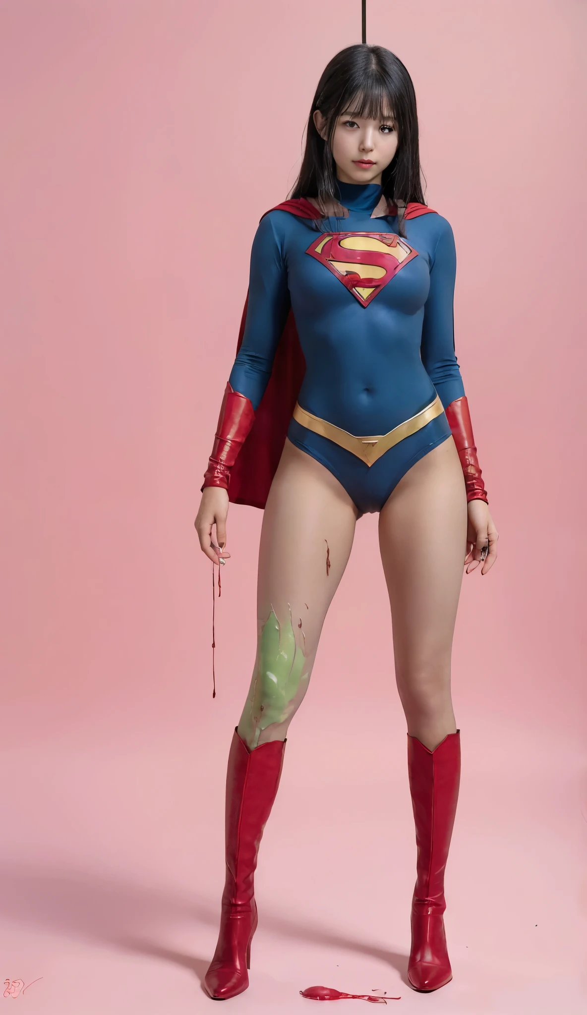 No background、(((Beautiful legs in black tights.)))、(((Legally express your suffering beauty)))、((((Make the most of your original images)))、(((Supergirl Costume)))、(((Beautiful Hair)))、(((suffering)))、(((Please wear black tights....、Wear red boots)))、((Best image quality、8k))、((Highest quality、8k、masterpiece:1.3))、(((Preserve background )))、Sharp focus:1.2、Beautiful woman with perfect figure:1.4、Slim Abs:1.2、Wet body:1.5、Highly detailed face and skin texture、8k