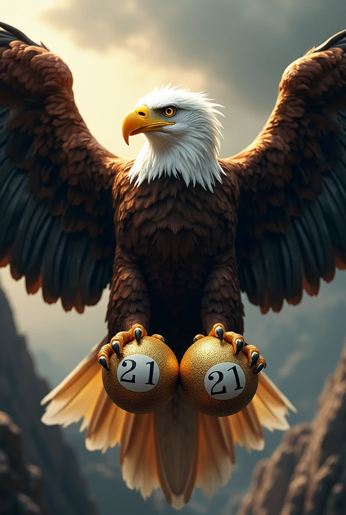 An eagle holding a lucky raffle ball in each paw that forms the number 21