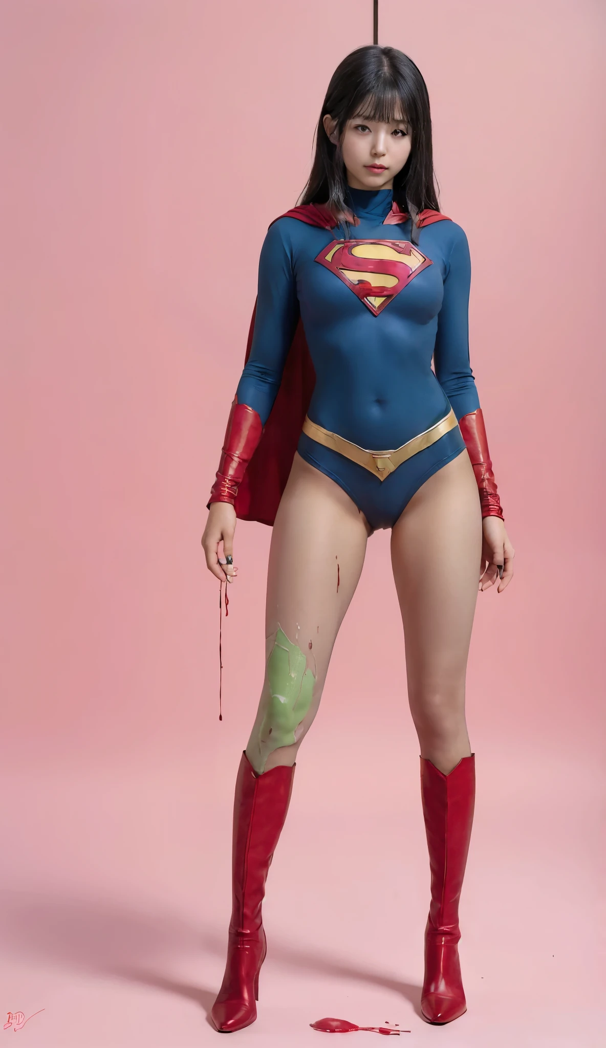 No background、(((Beautiful legs in black tights.)))、(((Legally express your suffering beauty)))、((((Make the most of your original images)))、(((Supergirl Costume)))、(((Beautiful Hair)))、(((suffering)))、(((Please wear black tights....、Wear red boots)))、((Best image quality、8k))、((Highest quality、8k、masterpiece:1.3))、(((Preserve background )))、Sharp focus:1.2、Beautiful woman with perfect figure:1.4、Slim Abs:1.2、Wet body:1.5、Highly detailed face and skin texture、8k