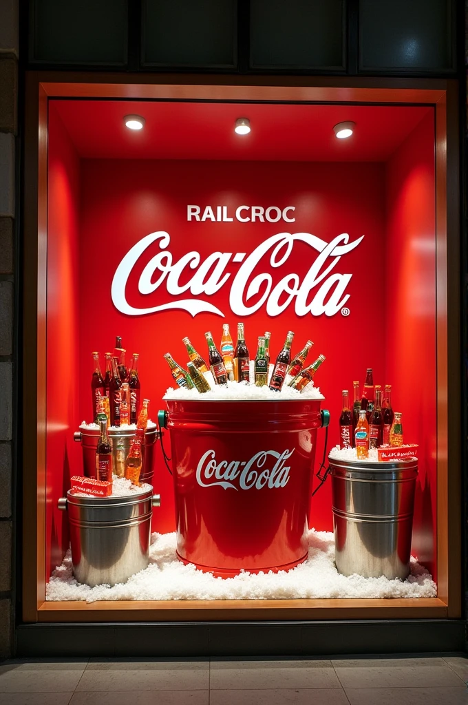 Create a Coca Cola store window with creative coolers like a bucket for example to put bottles in