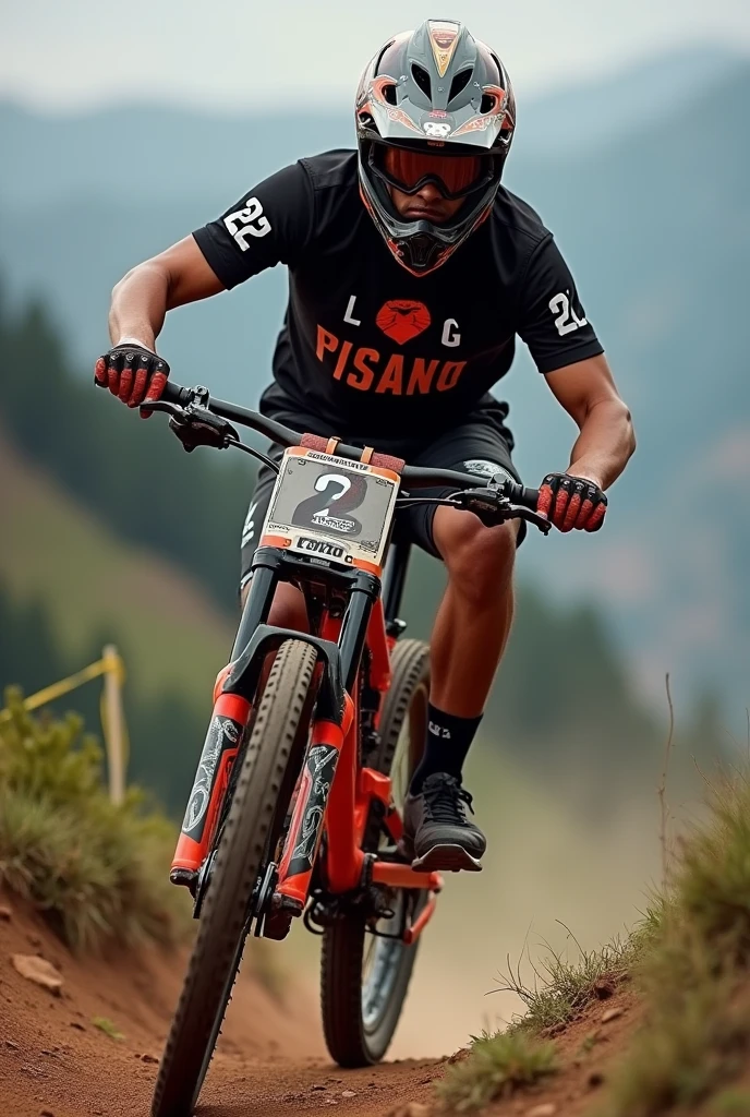 crée une photo stylé d'un rider, a downhill mountain bike rider, sur son tee shirt il est ecrit Pisano, he is 2, he is brown, he wears an open cross helmet , il est sur une coline en corse