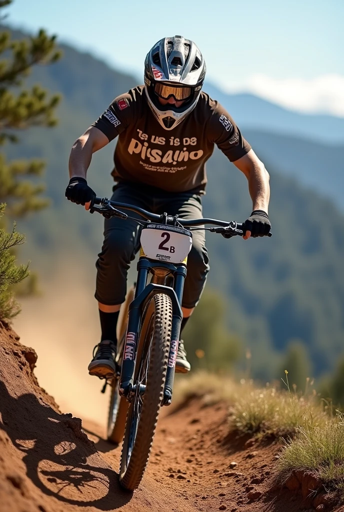 crée une photo stylé d'un rider, a downhill mountain bike rider, sur son tee shirt il est ecrit Pisano, he is 2, he is brown, he wears an open cross helmet , il est sur une coline en corse