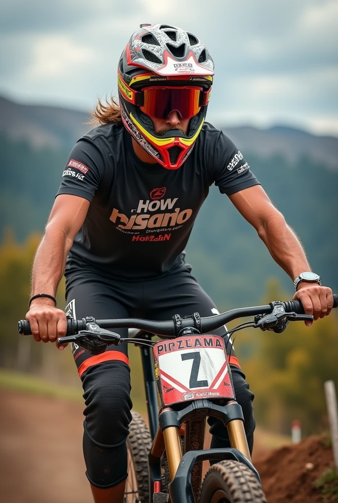 crée une photo stylé d'un rider, a downhill mountain bike rider, sur son tee shirt il est ecrit Pisano, he is 2, he is brown, he wears an open cross helmet , il est sur une coline en corse