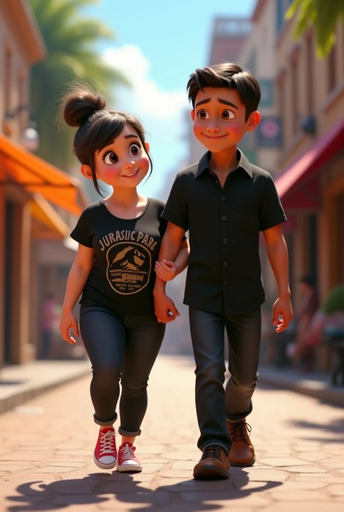 A couple arm in arm. 
She is smiling, has a robust build, wide legs, small ears, and a light complexion., wide nose big brown eyes hair in a bun and straight curtain bangs, you wore a black Jurassic Park blouse, black jeans and red converse. He is of slim build, tez morena, wide nose small eyes short dark straight hair small ears wears a formal black button down shirt and black dress pants with brown shoes, protagonists of a Disney Pixar movie digital art. Walking down a street 