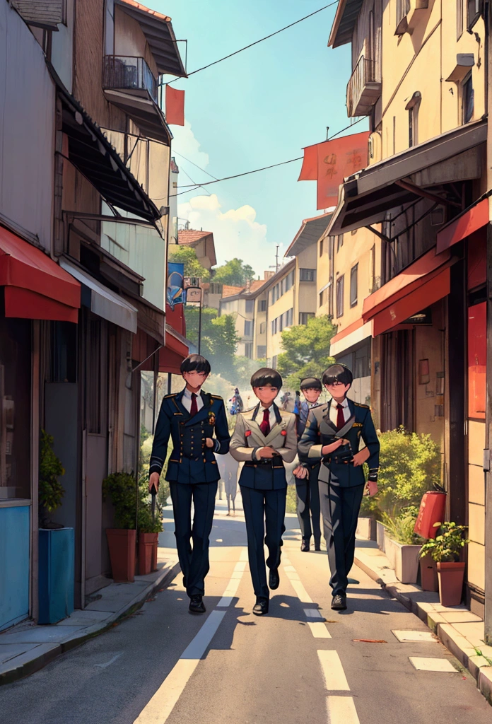 A group of four high school boys returning from club activities、Large muscular body、Midsummer、uniform、City roads