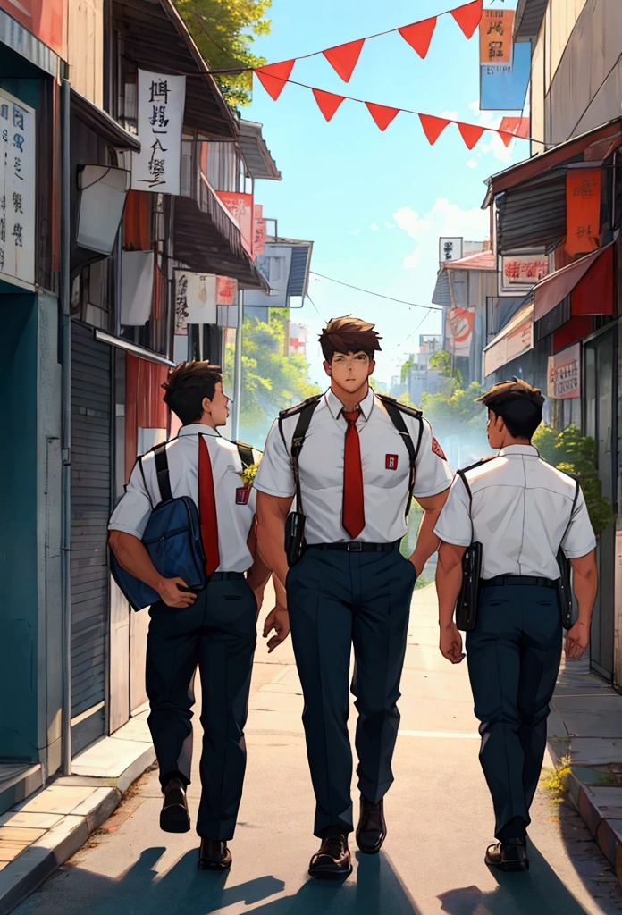 A group of four high school boys returning from club activities、Large muscular body、Midsummer、uniform、City roads