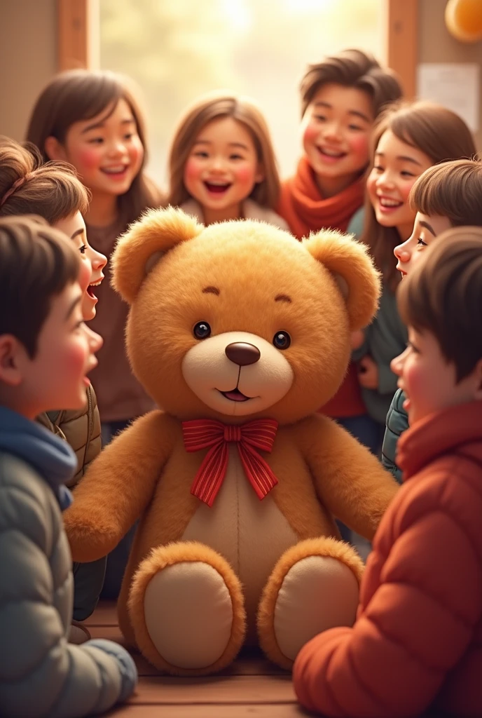 Teddy bear surrounded by happy customers, representing customer satisfaction