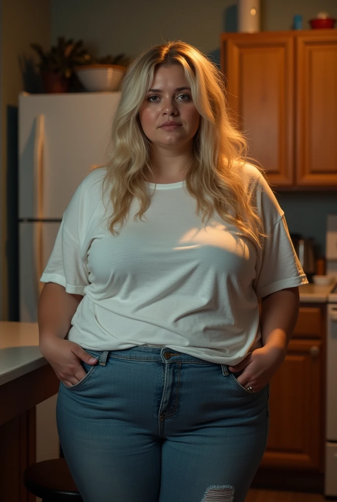 Create a realistic portrait of a 40 years old fat blonde woman with long but messy straight hair in her kitchen at night wearing just a sleep neckline see through white t-shirt with no bra underneath and shorts, natural breasts, big hips, thick thighs, full body shot 