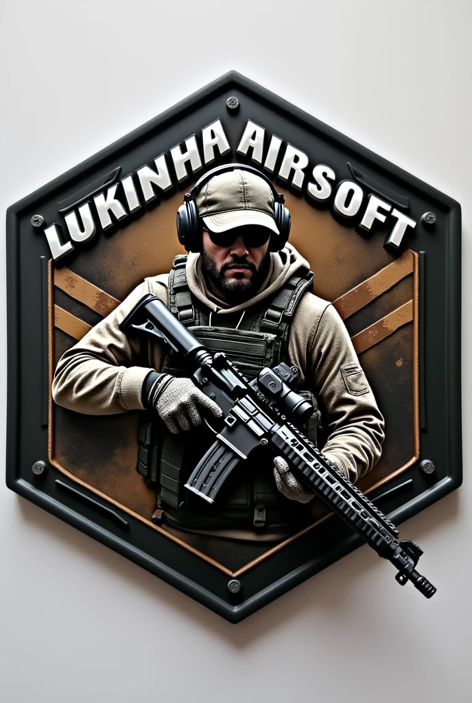 Create Hexagonal Rubber Patch, military coat of arms with an operator carrying an m4 rifle wearing a cap and headphones in the center and the name Lukinha Airsoft