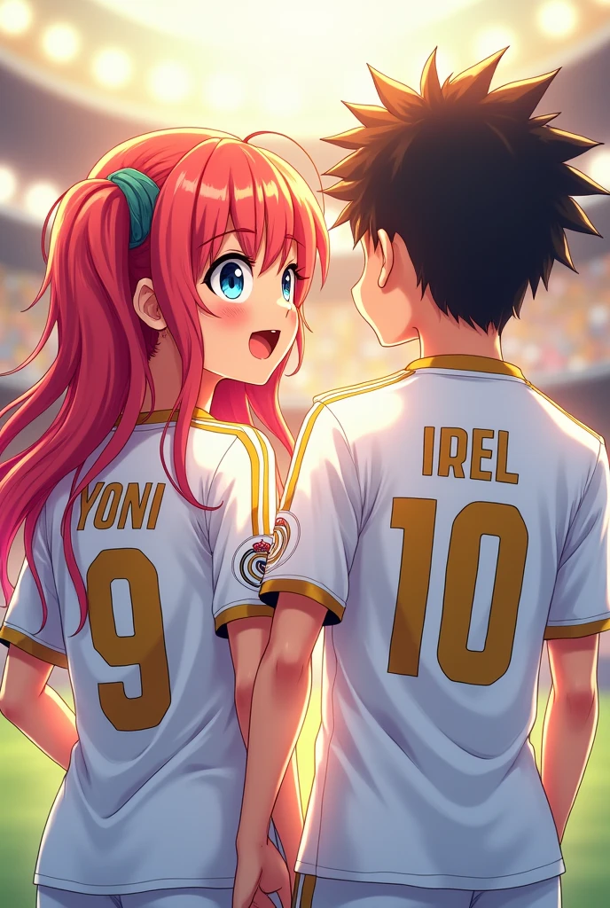 An image of an anime girl and boy wearing a Real Madrid shirt with names Yoni and Irel on the shirt



