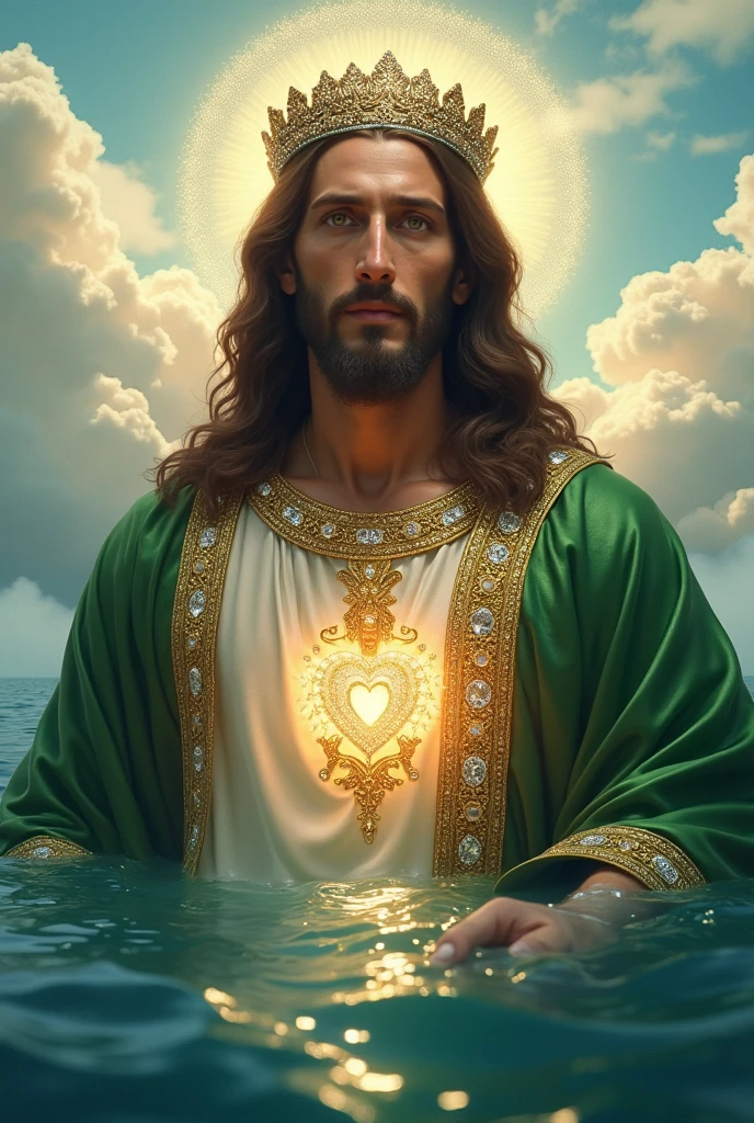 (photorealism:1.2), handsome Jesus Christ, his feet is visible floating in the blue water of the sea, wearing the green color of King elegant clothes with many diamonds and crown sparkling with light, the head and heart lighting all over, focus on face looking at the camera, nice hair, outdoors, feet finger is five, bright lighting, so many clouds and blue sea water in the background, so many clouds and dove all over, cozy blue sea, relaxed pose, realistic, intricate details, bright colors,