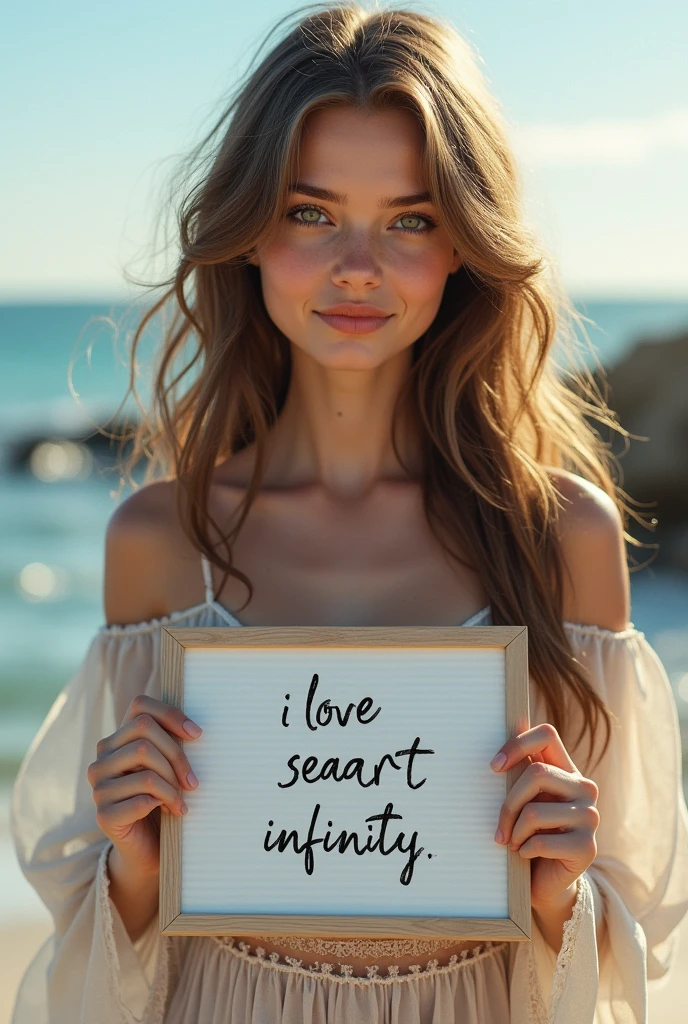 Beautiful girl with wavy long hair, bohemian dress, holding a white board with text "I Love Seaart Infinity" and showing it to the viewer