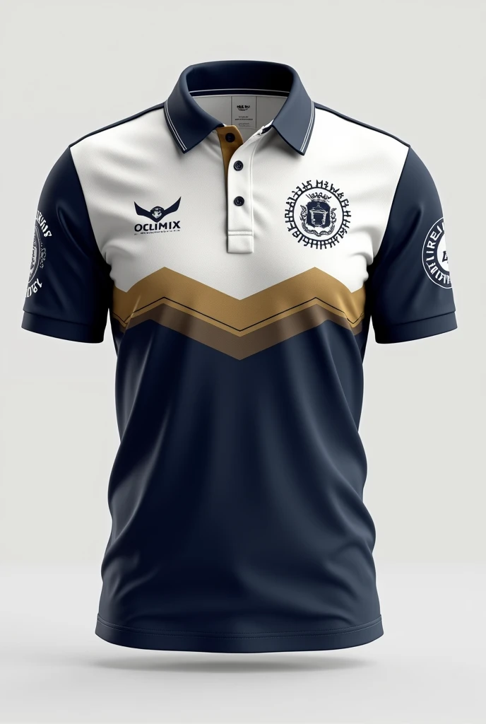make me an organizational polo shirt for our uniform. color white, navy blue, and super less mustard. put design, graphics 