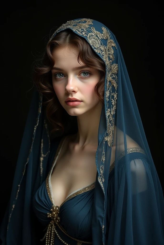 sargent painting. Photorealism、(black background!!!!!), Highest quality、Ultra-high resolution、The most beautiful!!!!!  girl、(very extremely!!!!!! beautiful!!!!!!! highly detailed  young face)、big Breasts、thin、、Translucent white!!!!! skin、 german!!!!!, Big bright blue eyes、wavy curly hair、 (body half in shadow!!!!!!), ( beautiful detailed gown!!!!! with golden details), (beautiful detailed dark!!!!!_blue!!!! veil!!!!!! over head with golden details), (bright topdown!!!!!! light!!!!!), (dark shades!!!!!!), contrapposto!!!!!!!!!!!!!!!!!, (receding into the dark!!!!!!!!!!!!), classical # Persephone # ancient greek goddess, greek # perfect woman, halfgirl, halfbody