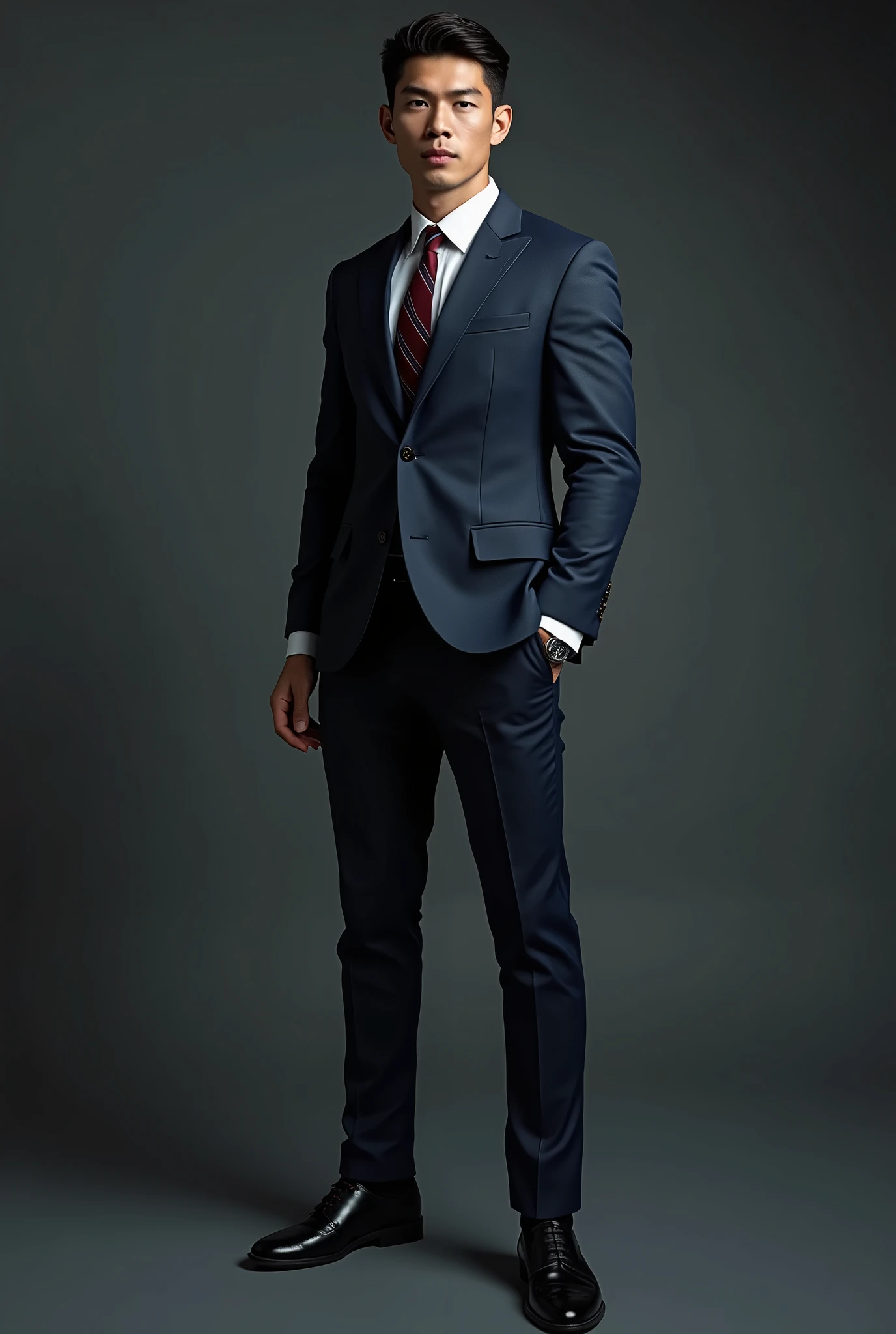 a tall lean muscular asian male model, detailed face, beautiful detailed eyes, beautiful detailed lips, extremely detailed eyes and face, long eyelashes, white dress shirt, Neapolitan style Wool Navy suit with width peak lapel, black oxford dress shoes with black dress socks, Burgundy/Navy stripe necktie,  high fashion, dynamic pose, studio lighting, 8k, best quality, photorealistic