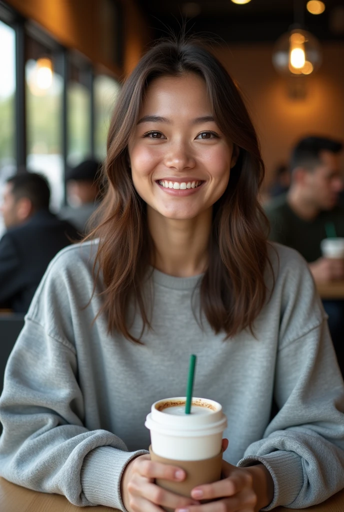 Gorgeous 20 year old girl, with straight hair, Poil long, brown-hair, Brown eyes, métis, generous chest, tenant dans sa main café, dans un starbucks, realistic, smiling, habillé avec un sweat oversize gris, espagnole, with other people, assise, post Instagram