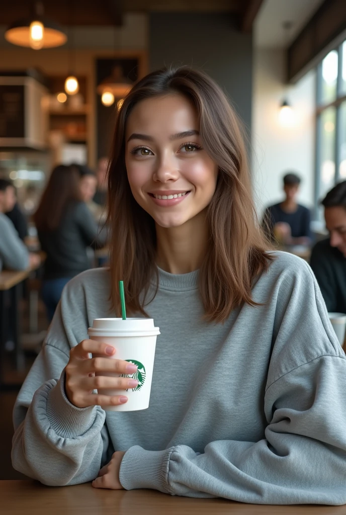 Gorgeous 20 year old girl, with straight hair, Poil long, brown-hair, Brown eyes, métis, generous chest, tenant dans sa main café, dans un starbucks, realistic, smiling, habillé avec un sweat oversize gris, espagnole, with other people, assise, post Instagram