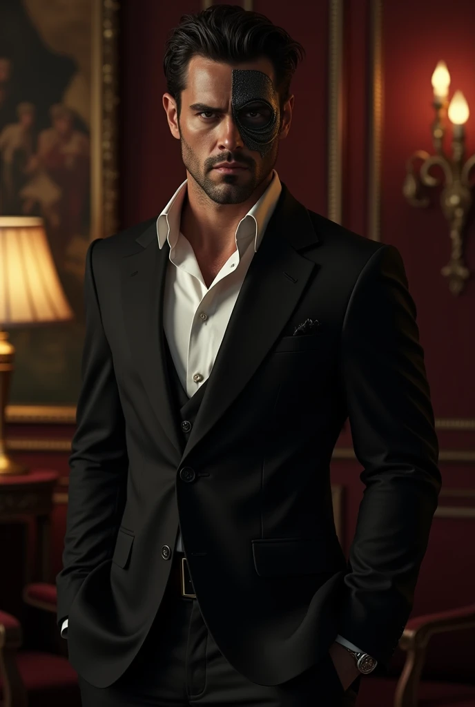 An Italian man with a scar that runs from his mouth to his eye ,in a luxurious room wearing a black suit 
