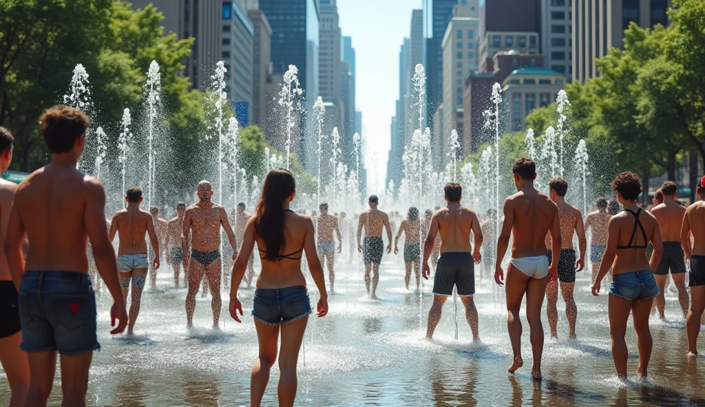 People with a lot of heat drinking water and getting wet in water fountains in the city due to high temperatures 