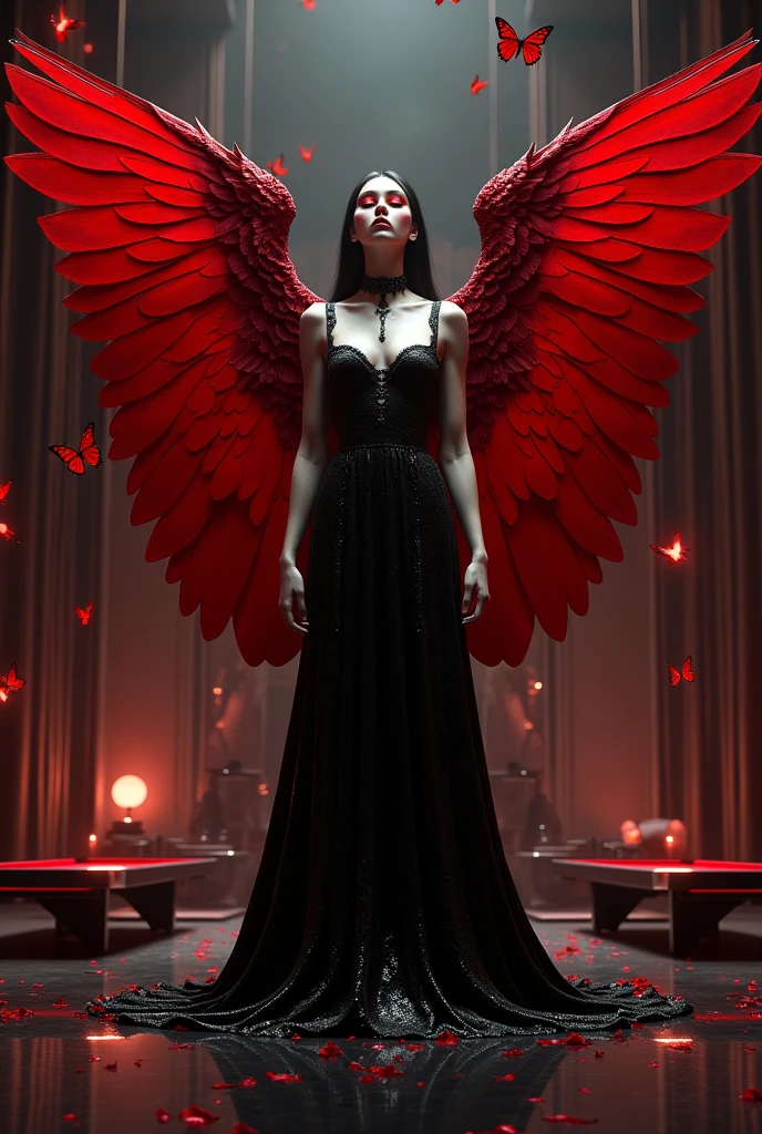 full glossy, full body,porcelain, Beautiful Gothic women with red wings and eyes walking, giant,and below it there is a living room with mirror dimensions and flying butterflies and beside it there is a pool table , dark background with droste silencer style