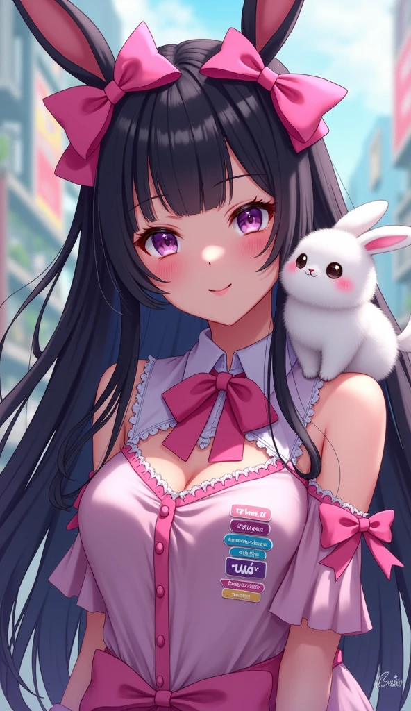 anime with long black hair, with 2 pink bows on the head, pink details, with a fluffy white rabbit on his shoulder, written on the shirt in Portuguese stickers of the best, and below stickers of the best writing @stickersdaManu