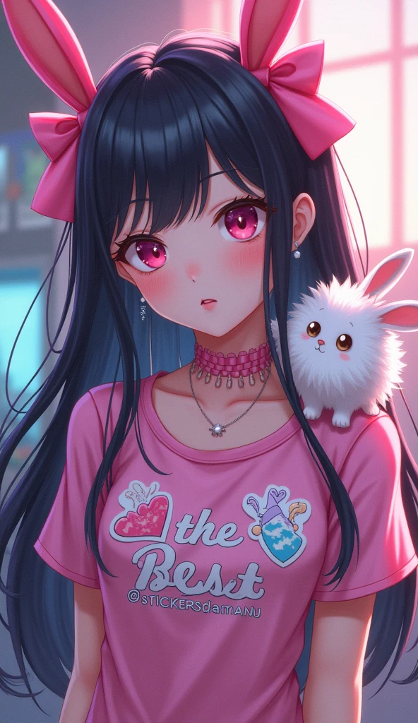 anime with long black hair, with 2 pink bows on the head, pink details, with a fluffy white rabbit on his shoulder, written on the shirt in Portuguese stickers of the best, and below stickers of the best writing @stickersdaManu