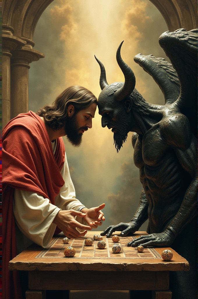 Jesus Christ and Satan playing marbles