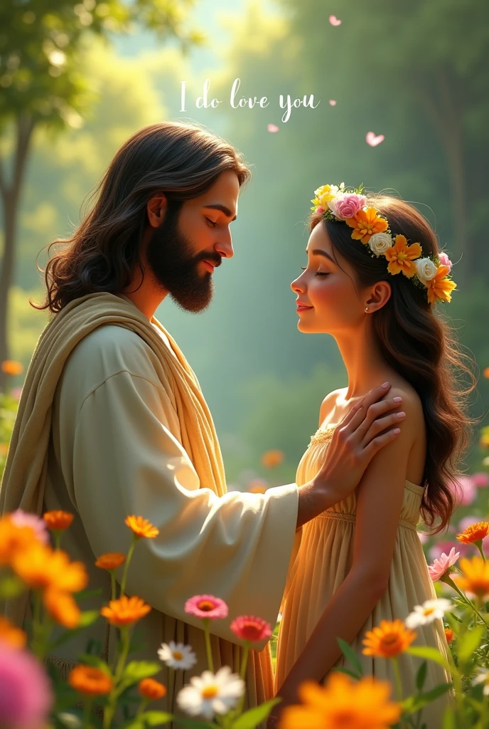 Jesus with a girl in a forest in summer, The girl showing Jesus her scars and Jesus with a phrase "I DO LOVE YOU" above Jesus, On the head of the nila a crown of flowers, with a background with flowers and pixar style