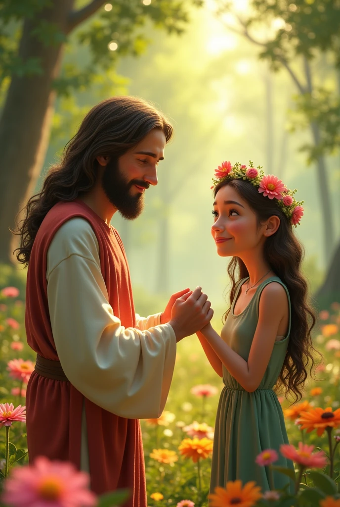 Jesus with a girl in a forest in summer, The girl showing Jesus her scars and Jesus with a phrase "I DO LOVE YOU" above Jesus, On the head of the nila a crown of flowers, with a background with flowers and pixar style