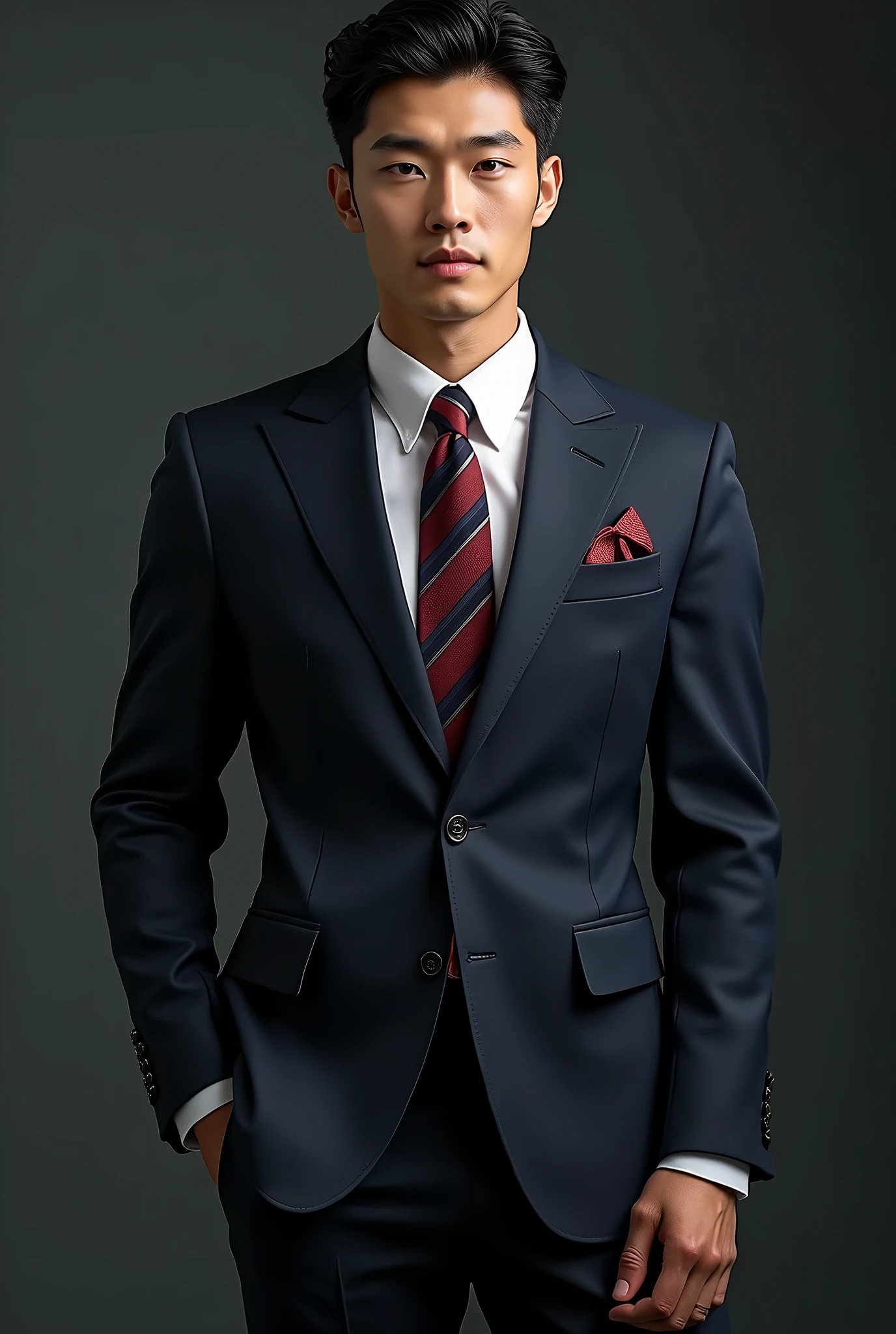 a tall lean muscular asian male model, detailed face, beautiful detailed eyes, beautiful detailed lips, extremely detailed eyes and face, long eyelashes, white dress shirt, Neapolitan style Wool Navy suit with width peak lapel, black oxford dress shoes with black dress socks, Burgundy/Navy stripe necktie,  high fashion, dynamic pose, studio lighting, 8k, best quality, photorealistic