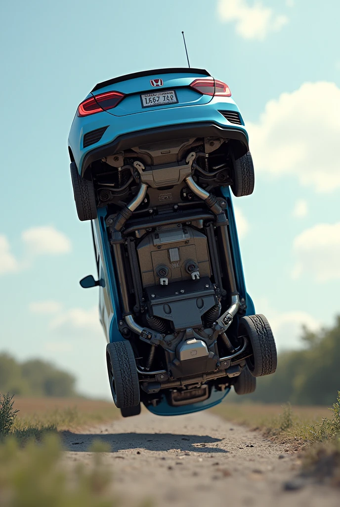 Honda Civic parked upside down with the roof on the ground and the bottom of the car facing the sky

