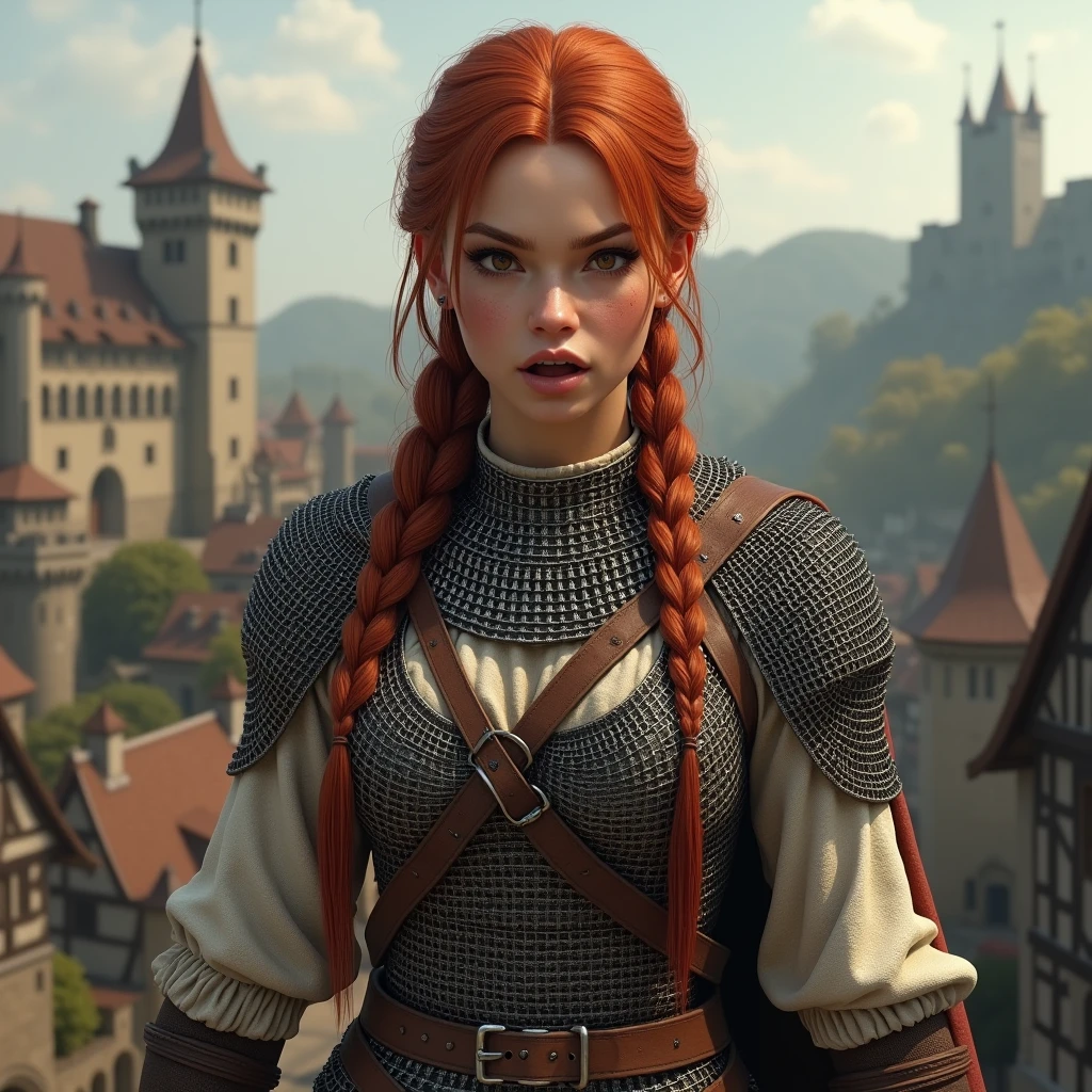 (realisitic, ultra quality, fot) 1woman, pele caucasiana, red hair in a braid, fine nose, thin face, thick lips, Like you&#39;yelling, medium breasts, lightbrown eyes, Waist slender, legs thick. (dressed in the clothes of a medieval warrior, Chain mail, holding a small sword in his right hand, with a backdrop of a medieval village and a castle in the background.