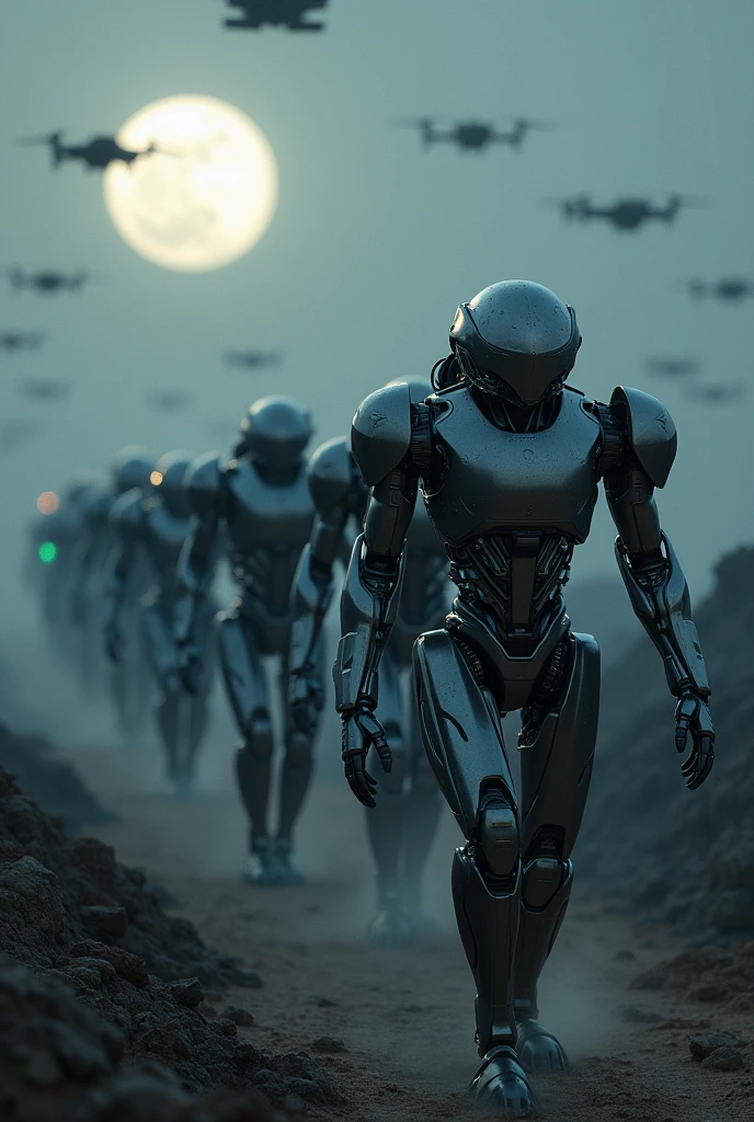 (photorealism:1.2),  army of robots walking across border at night looking towards camera, drones flying in the background, photo realism.