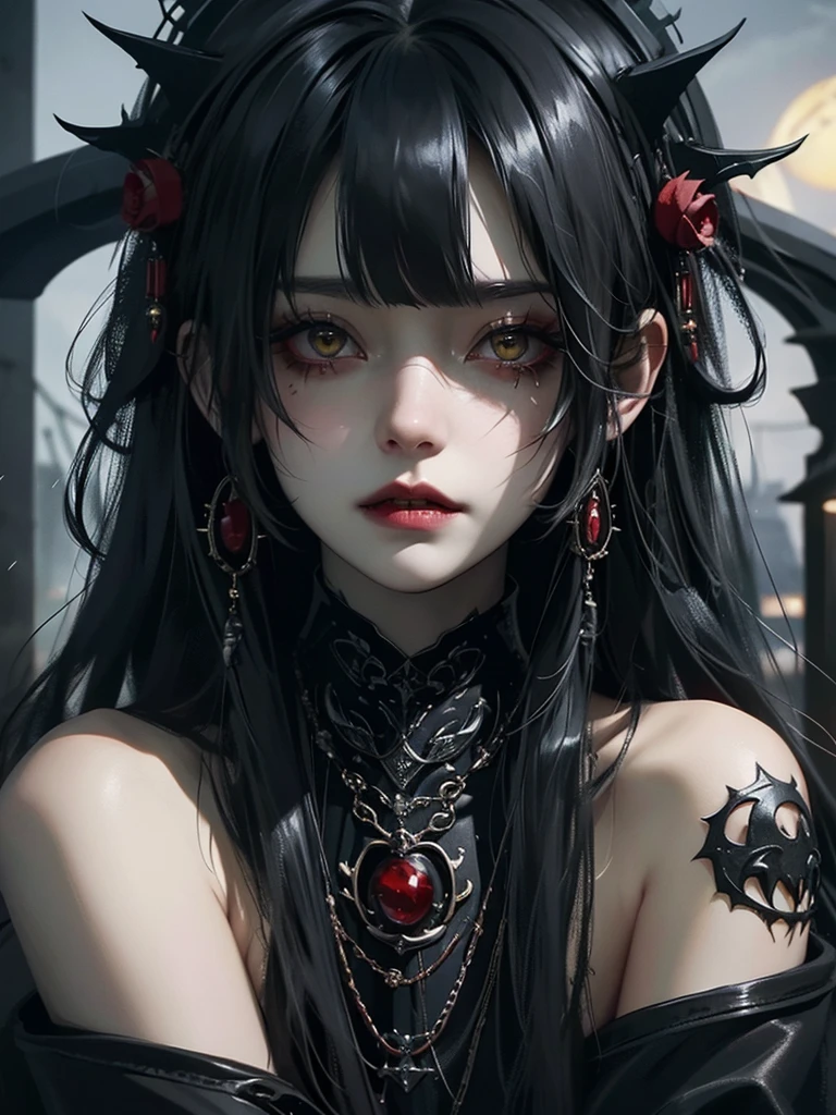 Highest quality、8K、masterpiece:1.3、Gothic Punk、The inside is red、Black-haired、hair ornaments、Beautiful girl、creative、Dark Fantasy Style、Neogoth、Goth Fashion:1.2、Yellow Eyes、I can see the fangs、Castle at night
