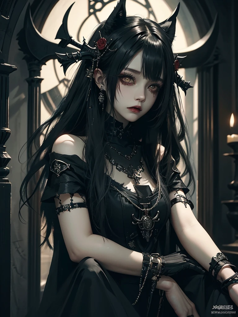 Highest quality、8K、masterpiece：1.3、Gothic Punk、The inside  is red、Black-haired、hair ornaments、Beautiful girl、creative、Dark Fantasy Style、Neogoth、Goth Fashion：1.2、Yellow Eyes、I can see the fangs、Castle at night