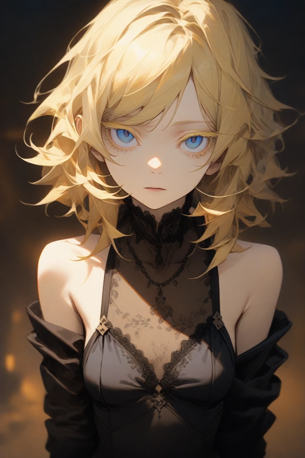 masterpiece, best quality, very aesthetic, absurdres,1girl,blonde hair,short hair,disheveled hair,colored eyelashes,blonde eyelashes,blue eyes,(sharp eyes),(slanted eyes),choppy bangs,medium breasts,prostitute,brothel,clear face,expressionless,
