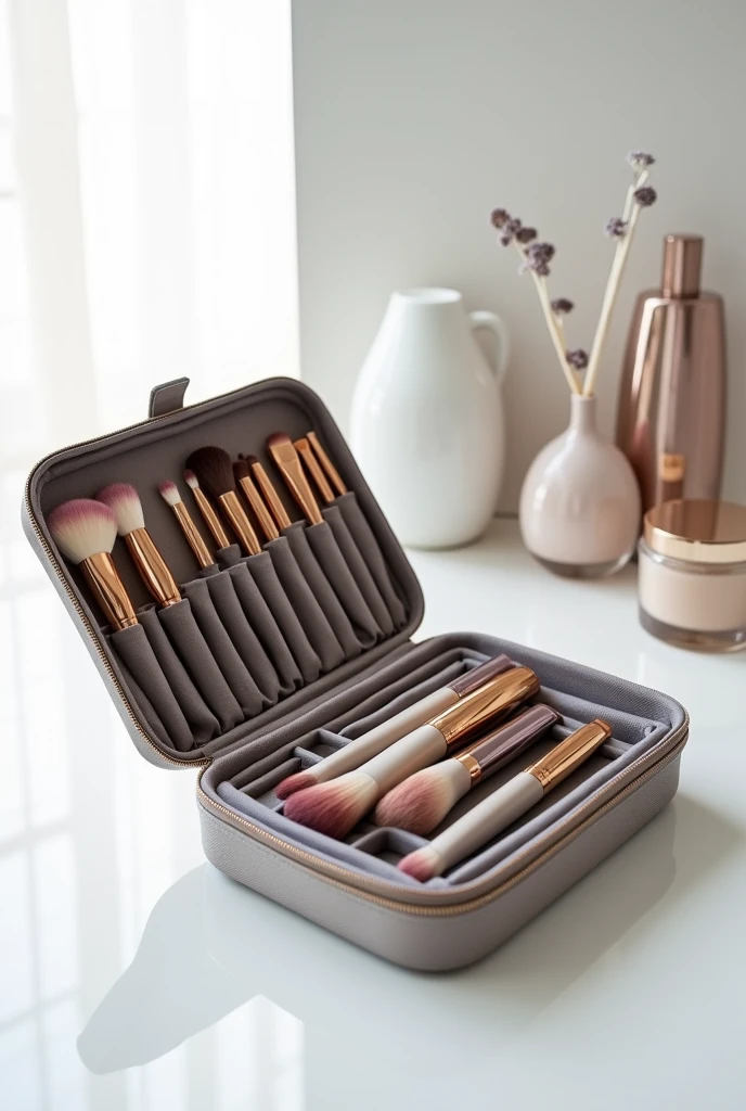 open makeup case, with self-cleaning brush compartment.