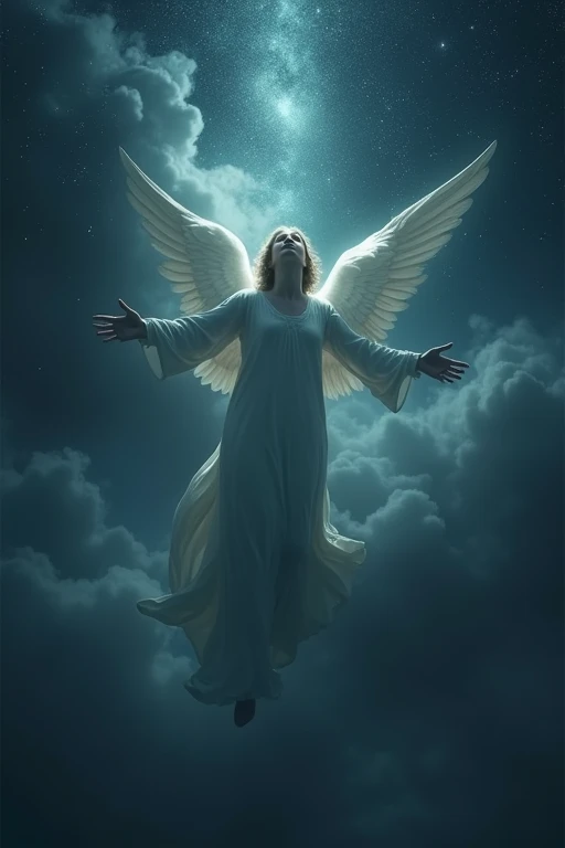 An angel falling through the night sky with hands up