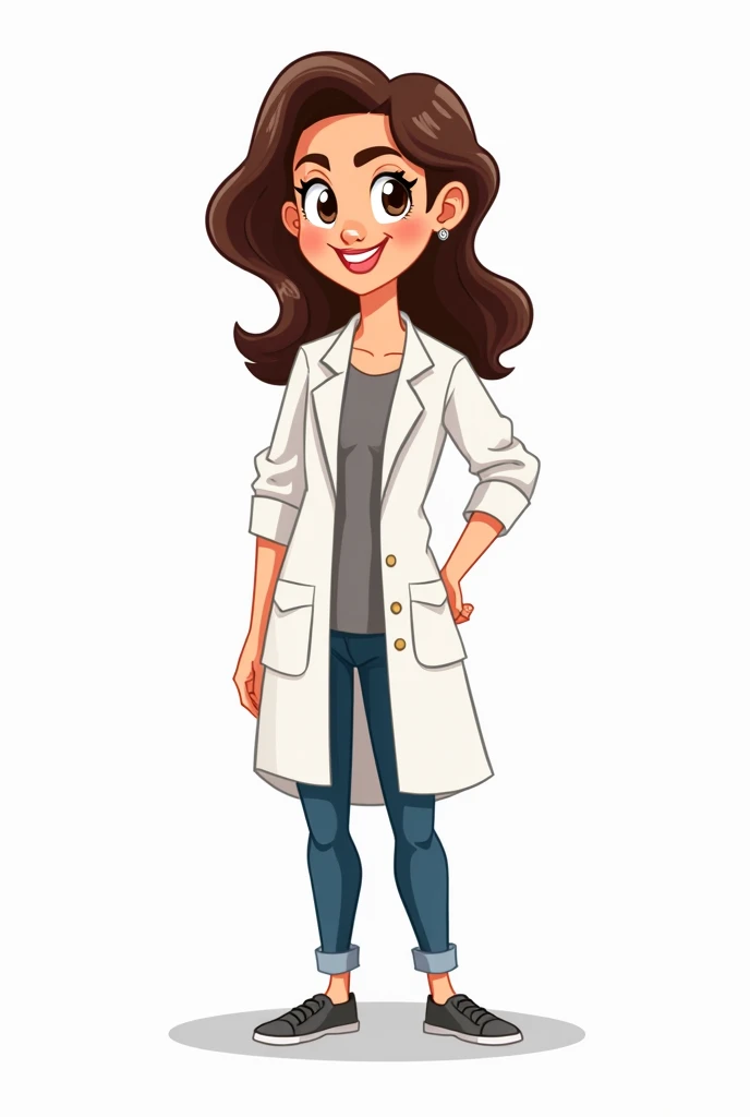 Woman in psychologist's lab coat standing full body cartoon drawing white background