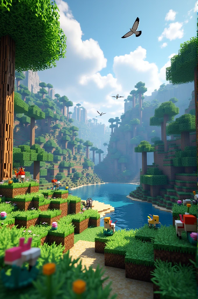 Minecraft with ultra realistic texture, animals, water and trees
