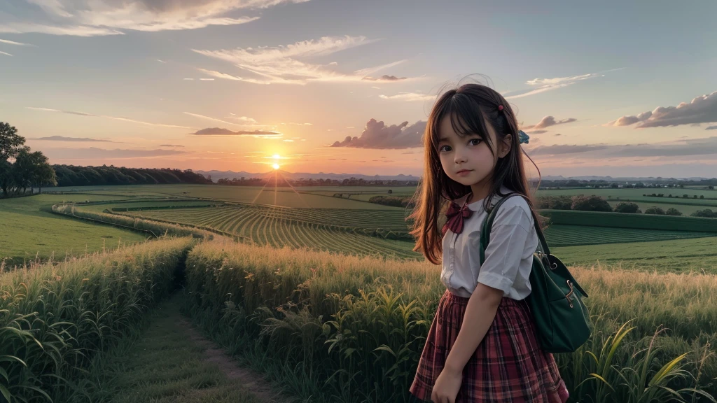 green fields, Red Sky, sunset, masterpiece, cute lolis