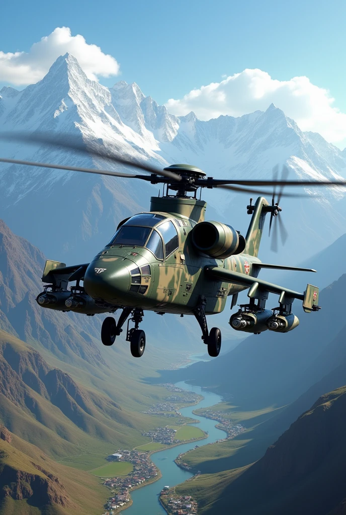 Create the image of a helicopter over Peru with military, the image is super realistic
