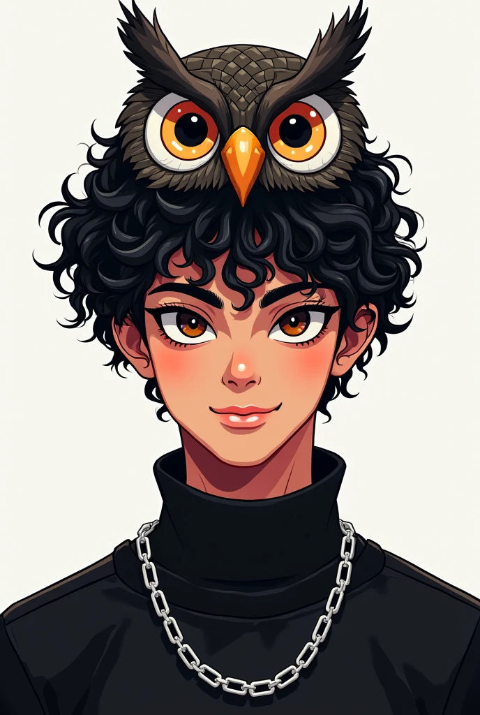 Make a male character with dark SKIN, but not so dark, of curly and black hair, with black eyes, with a slight smile on your face, an owl hat on his head, a black outfit with a silver chain around the neck, do this in the style of the logo for the YouTuber